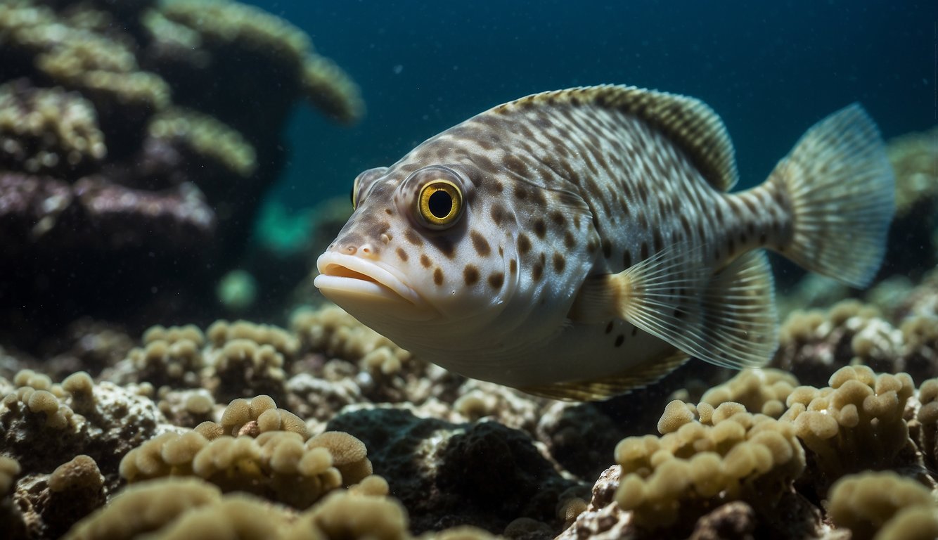 A flounder swims in murky waters, camouflaged against the ocean floor.

Its eyes are positioned on one side, giving it a unique and paradoxical appearance.

Seaweed and rocks provide a natural habitat for the flounder to blend in and