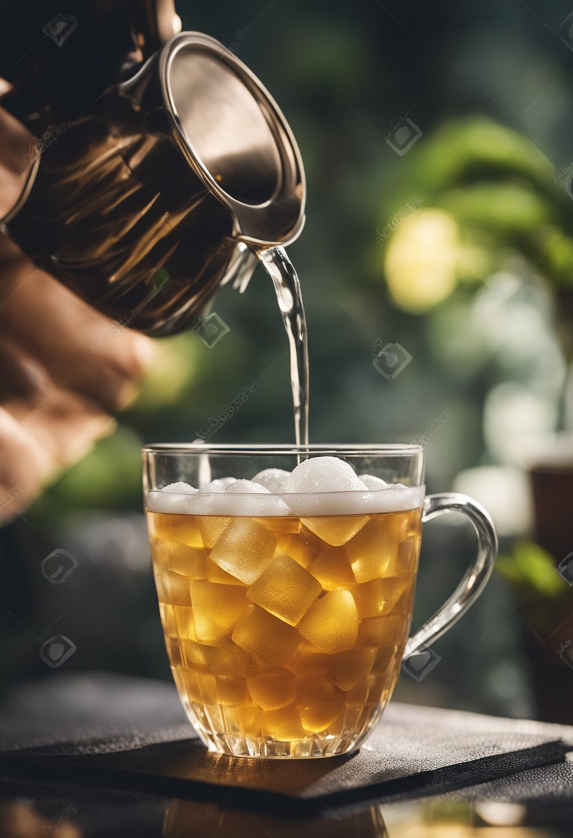 A hand pours tea into a cup of tapioca pearls and ice, sealing it with a plastic lid and a wide straw