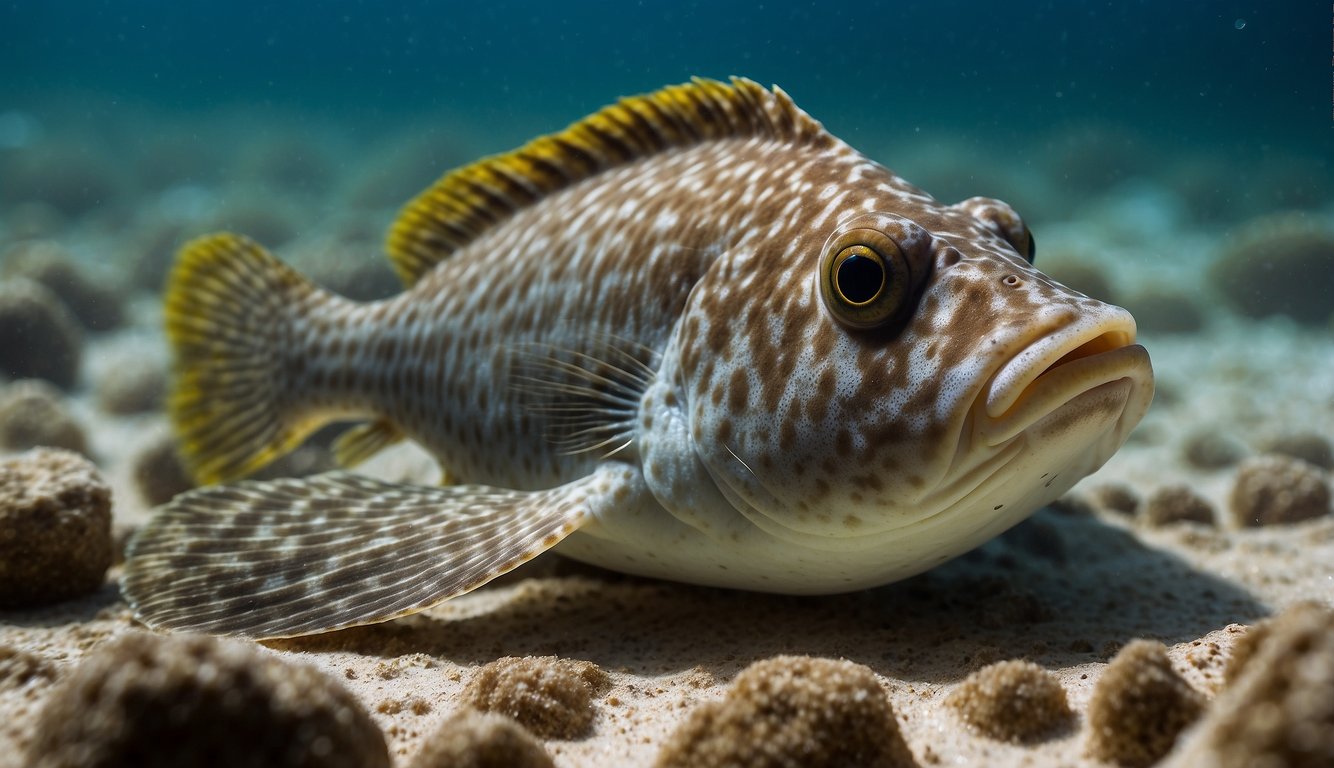 A flounder swimming in a murky, sandy seabed, its body blending seamlessly with the ocean floor.

Sunlight filters through the water, casting dappled shadows on its mottled skin
