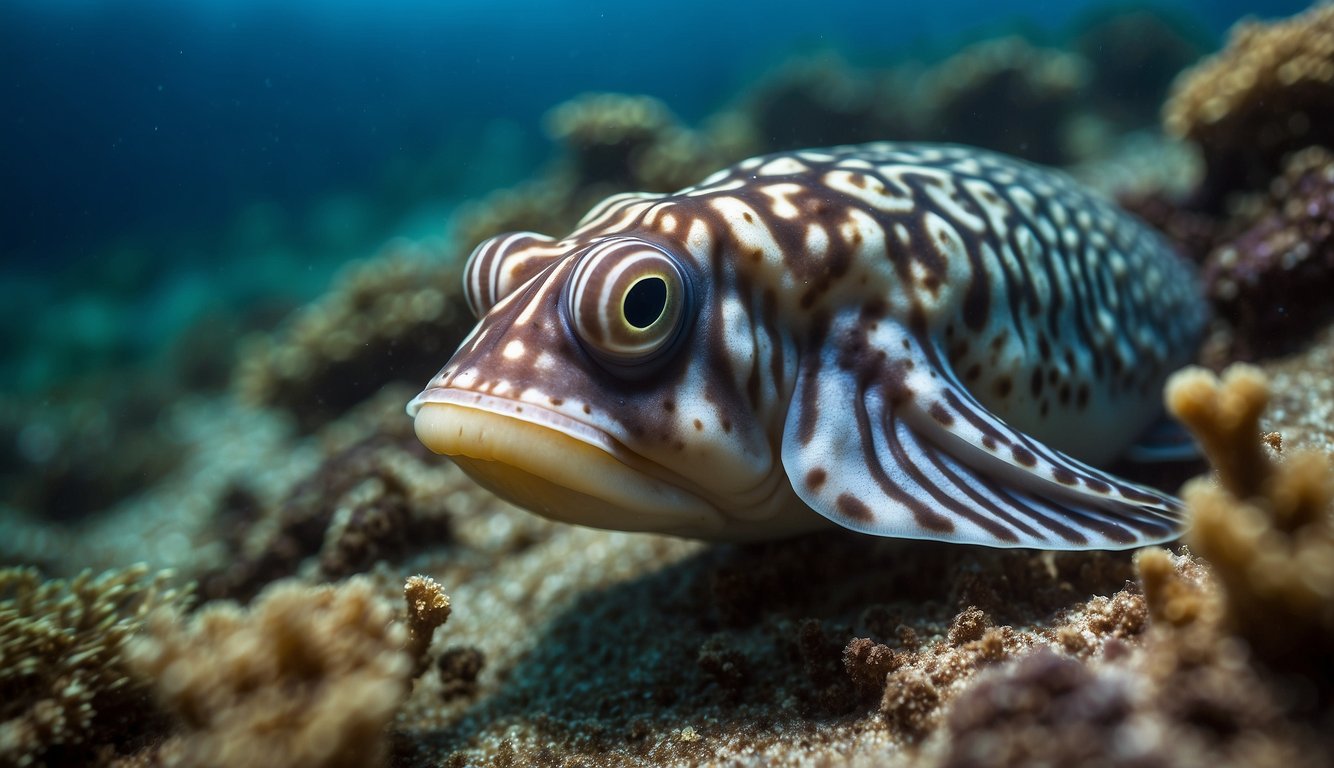 A cuttlefish blends seamlessly into the ocean floor, its skin displaying a mesmerizing array of colors and patterns, mimicking the surrounding environment with astonishing precision