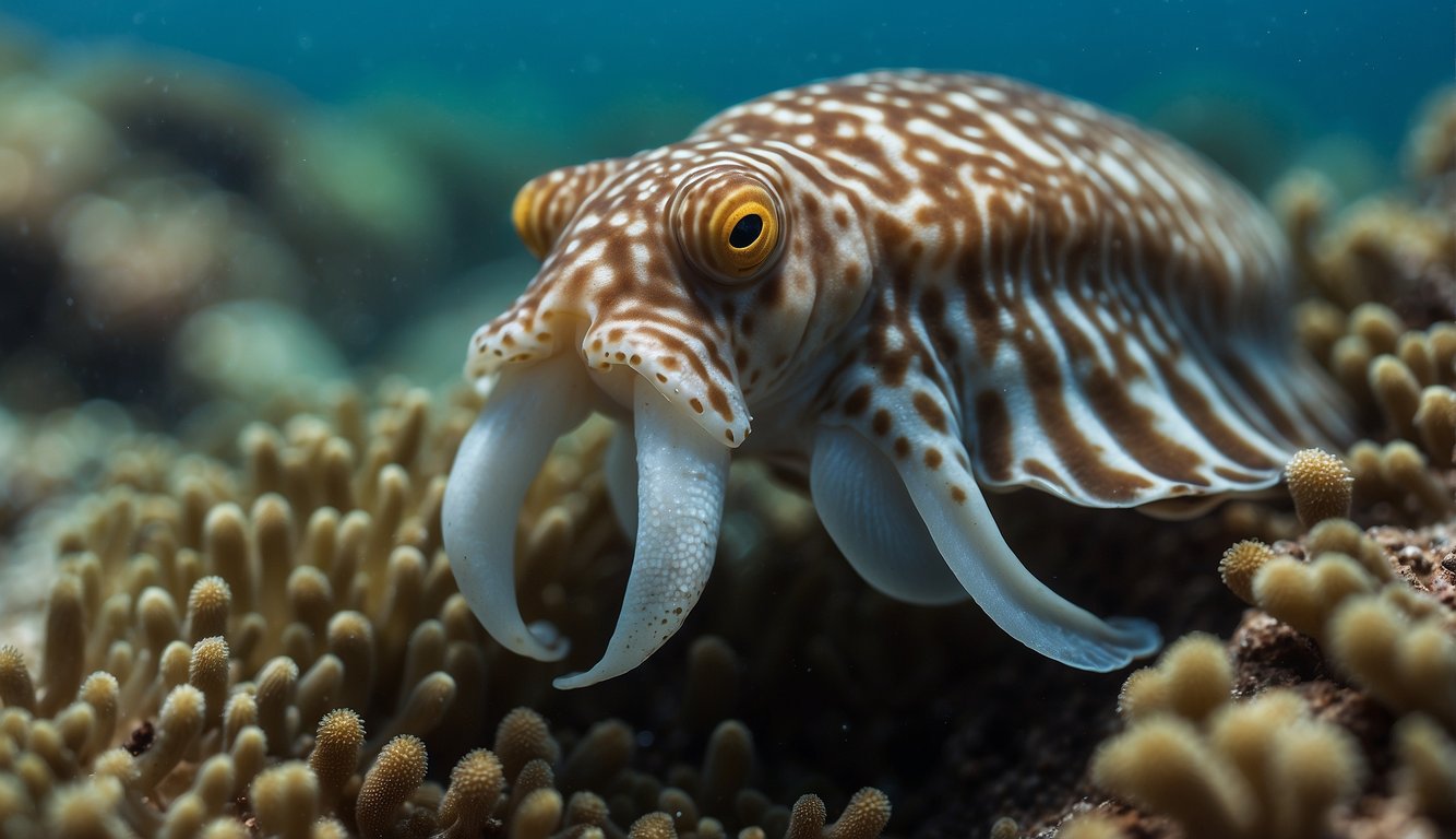 A cuttlefish gracefully changes color and texture to blend into its surroundings, showcasing its mastery of disguise in the ocean