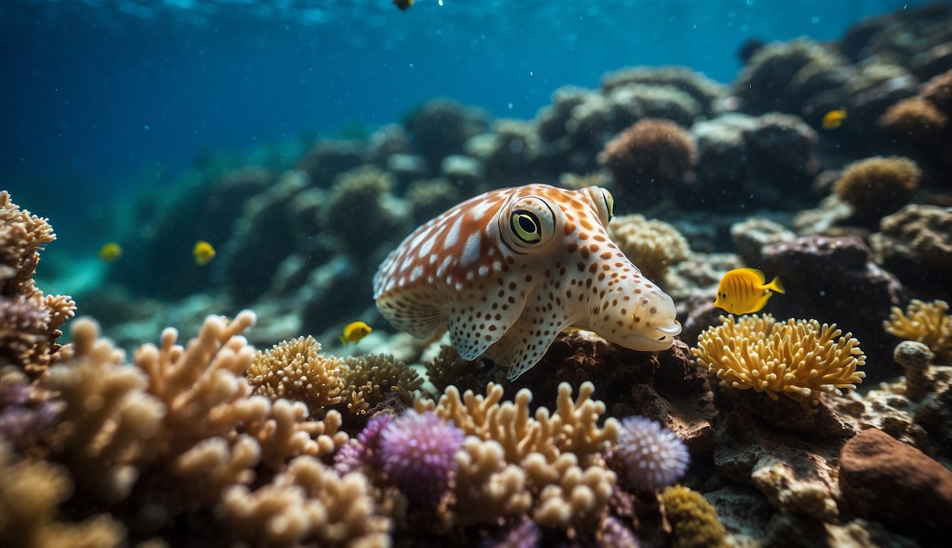 A coral reef teeming with colorful marine life, a cuttlefish seamlessly blending into its surroundings, changing colors and patterns to match the vibrant underwater world