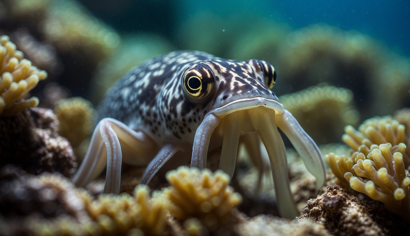 A cuttlefish changes color and texture to blend into its surroundings, camouflaging itself from predators and prey.

Its skin shimmers with iridescent patterns, seamlessly matching the ocean floor