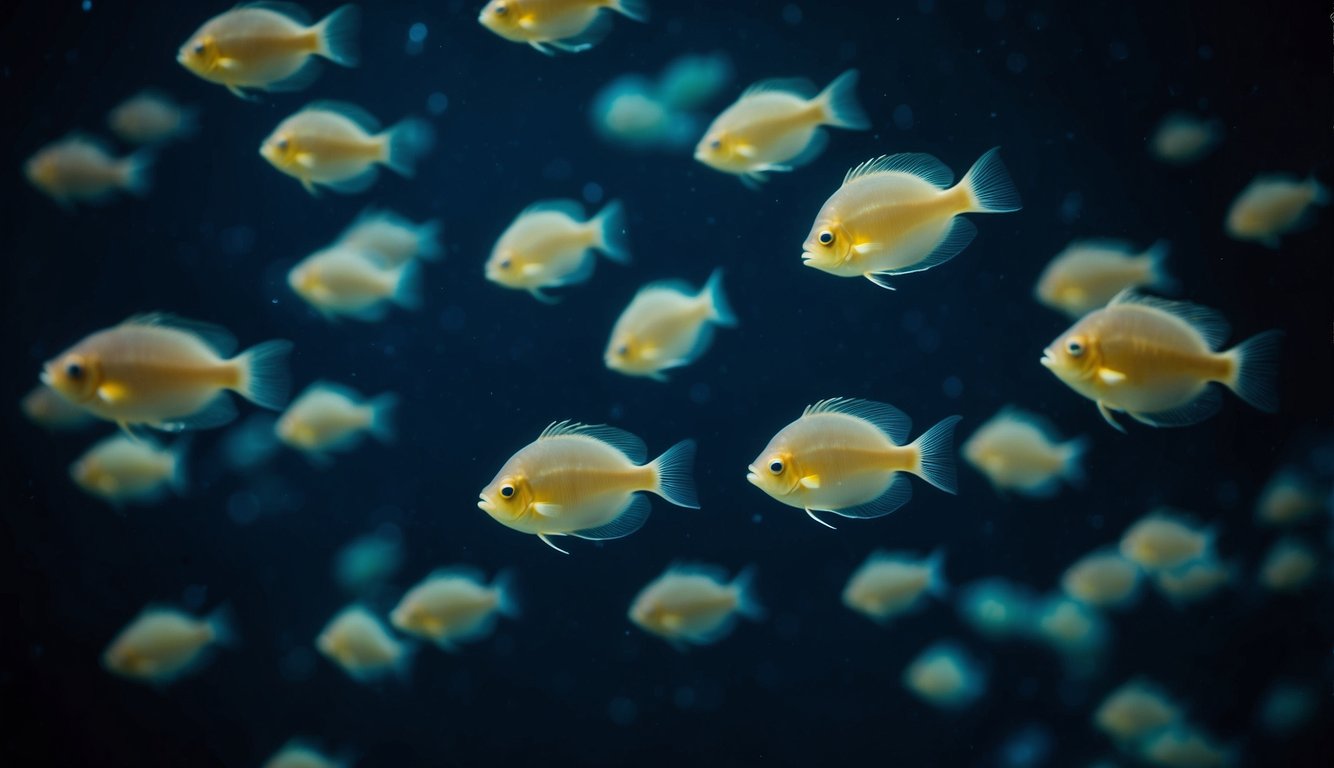 A school of jellynose fish glides through the dark, bioluminescent depths of the ocean, their translucent bodies emitting an otherworldly glow as they navigate the mysterious underwater world