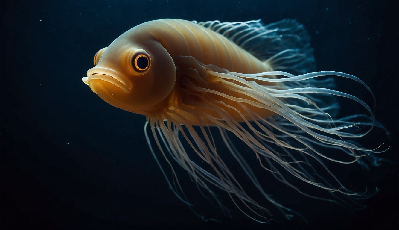 A deep-sea jellynose fish hovers in the dark abyss, surrounded by bioluminescent creatures.

Its elongated body and large, glowing eyes give it an otherworldly appearance