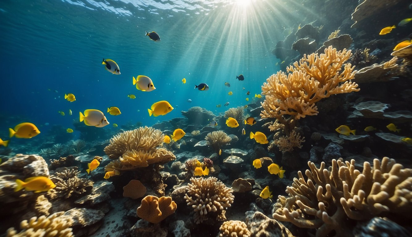 A colorful coral reef teeming with fish.

Some are flashing vibrant patterns, others using body movements to communicate. Rays of sunlight illuminate the underwater symphony
