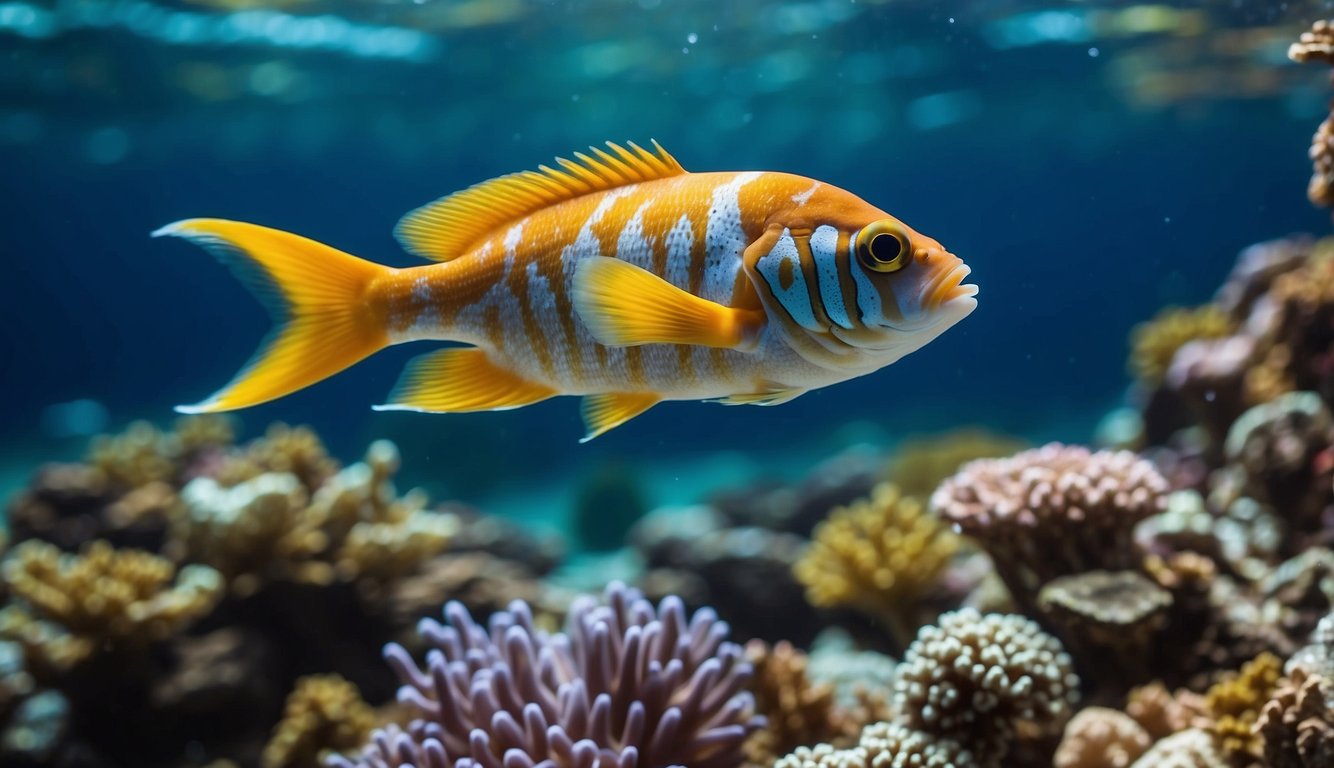 Fish swimming in a colorful coral reef, emitting and receiving sound signals through their movements and specialized organs