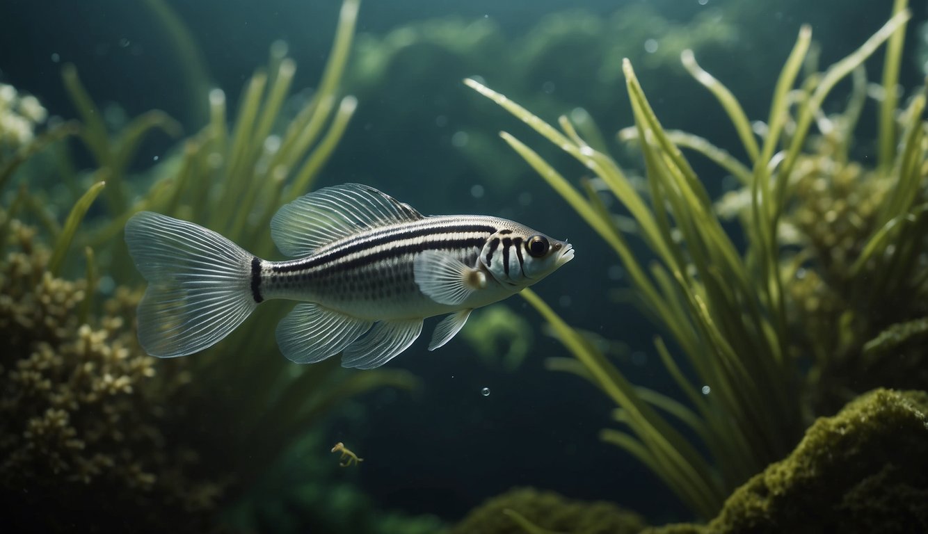 A lumpsucker swims gracefully in velvet-like underwater plants, its smooth and round body blending seamlessly with the surroundings