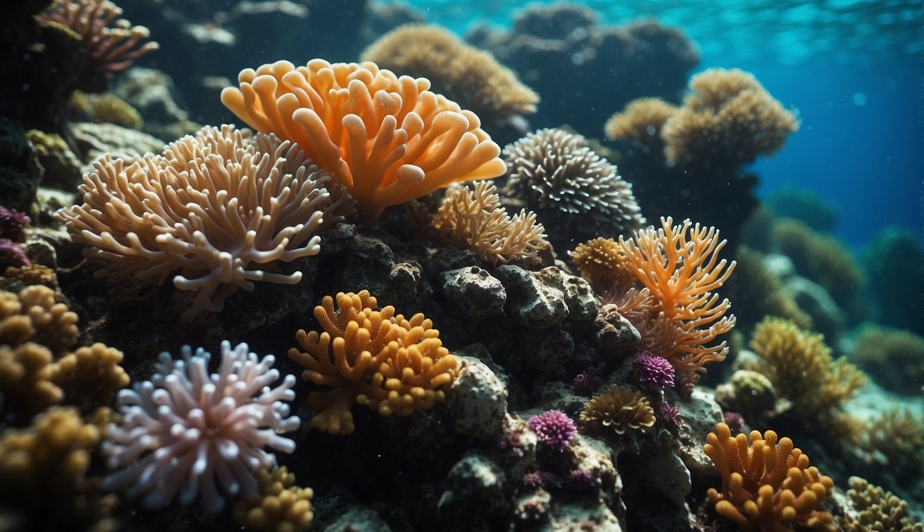 A colorful coral reef with vibrant sea plants and a smooth lumpsucker swimming gracefully among the velvet-like foliage