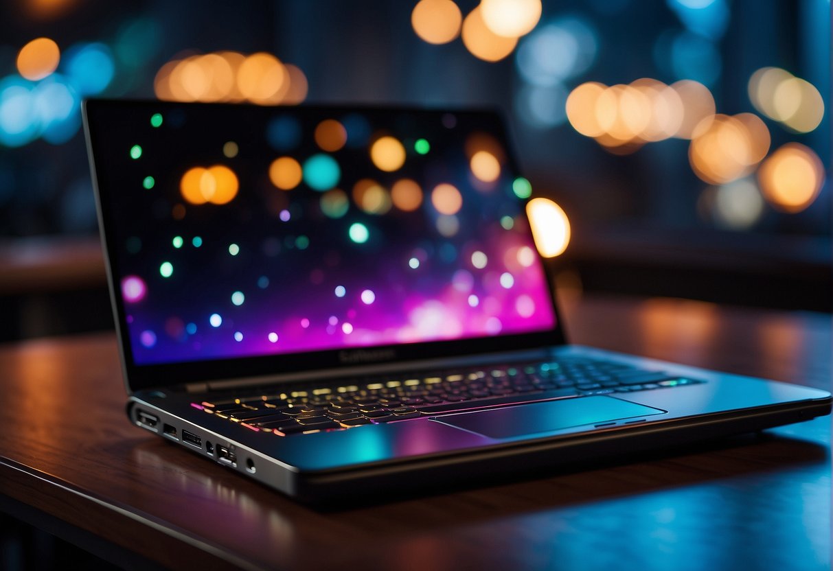 A sleek razor laptop sits open on a desk, glowing with colorful lights as it runs a high-intensity gaming session