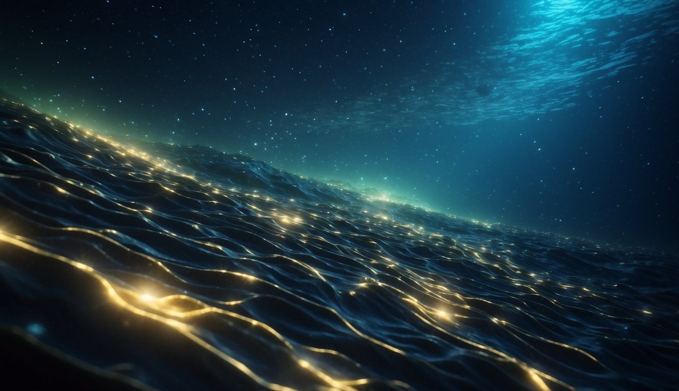 A vast ocean with swirling currents, illuminated by the soft glow of bioluminescent creatures.

A school of eels gracefully gliding through the water, their sleek bodies shimmering in the moonlight