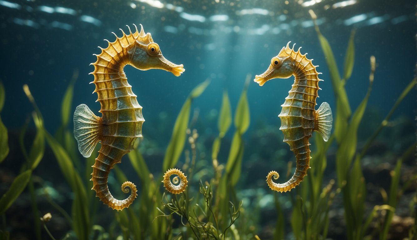 Seahorses gracefully glide through the swaying seagrass, their vibrant colors blending with the underwater foliage.

Sunlight filters through the water, casting a mesmerizing glow on the peaceful sanctuary below