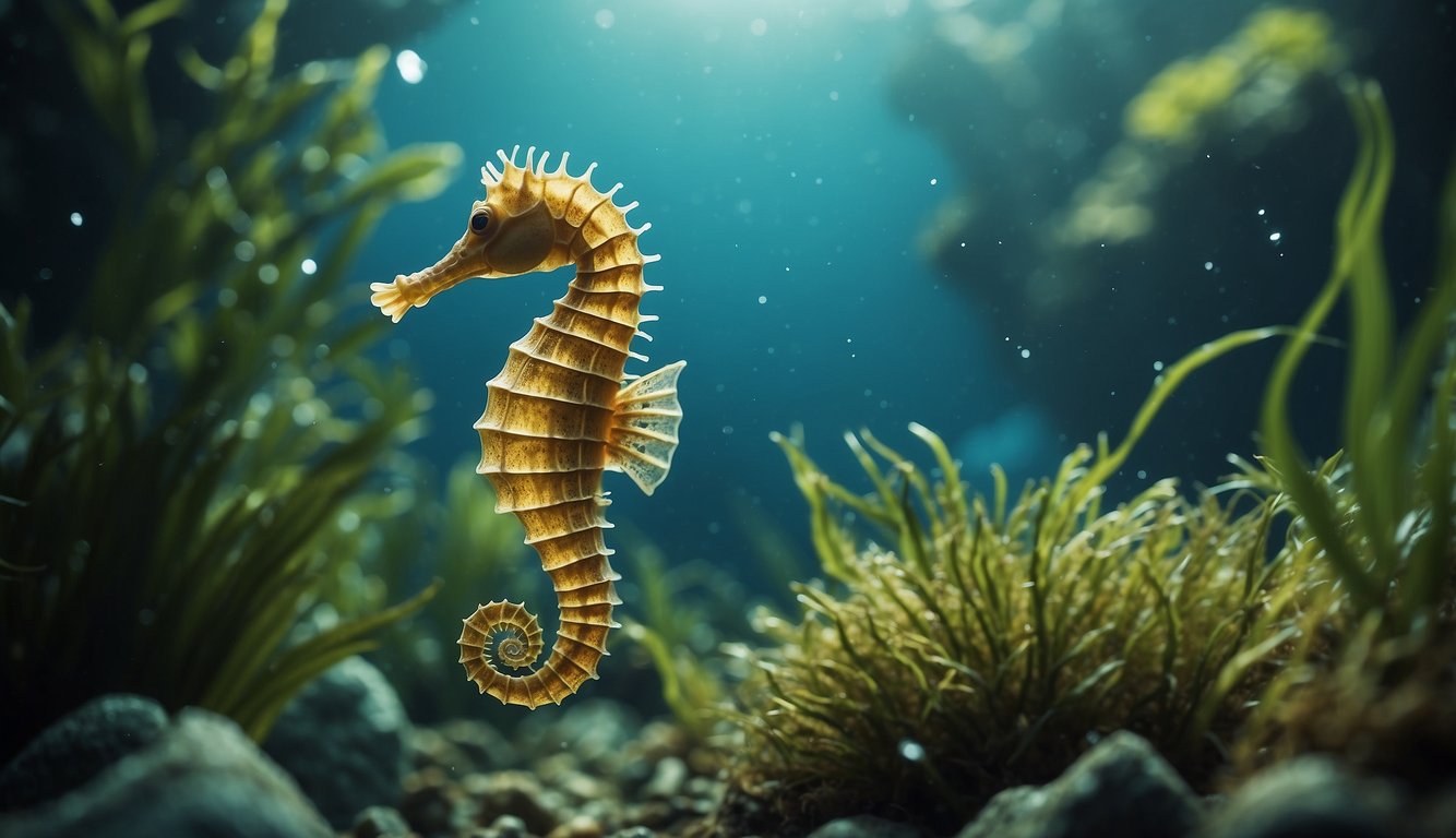 A seahorse gracefully glides through a lush underwater forest of swaying seagrass, surrounded by vibrant marine life