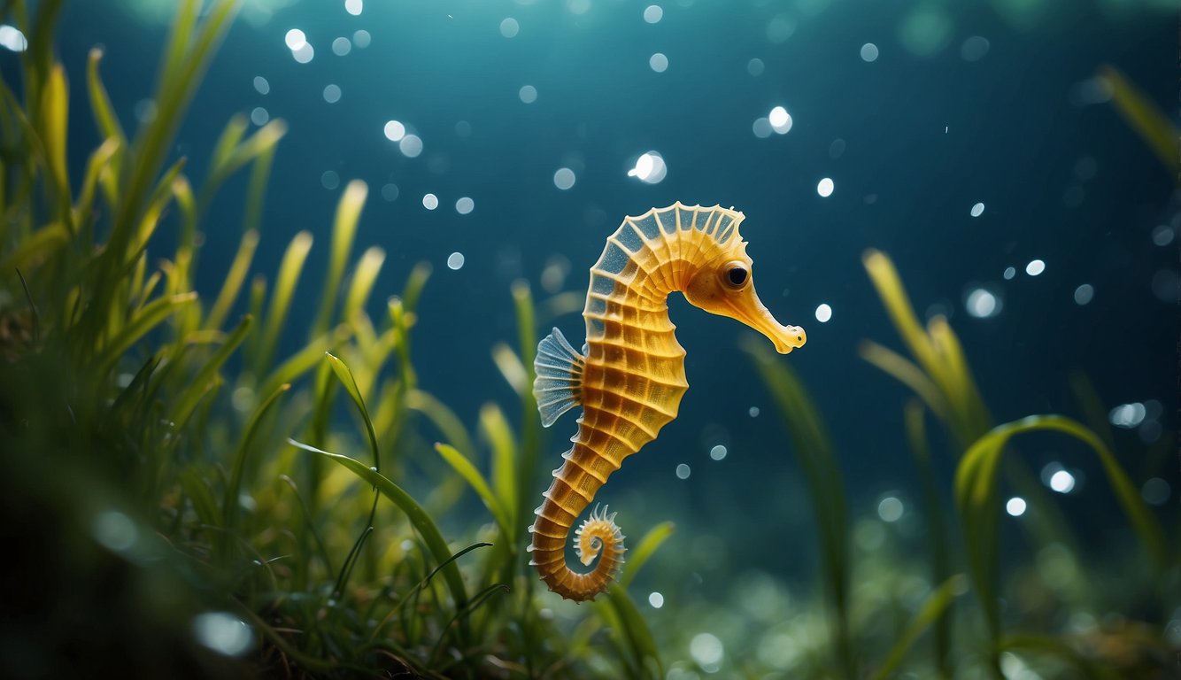 Seahorses swimming among vibrant seagrass, sheltered by the protective canopy of the forest below