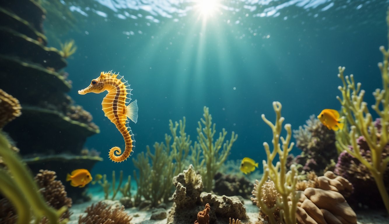 Seahorses weaving through swaying seagrass, surrounded by colorful fish and vibrant coral.

Sunlight filters through the water, casting a peaceful glow on the serene underwater scene