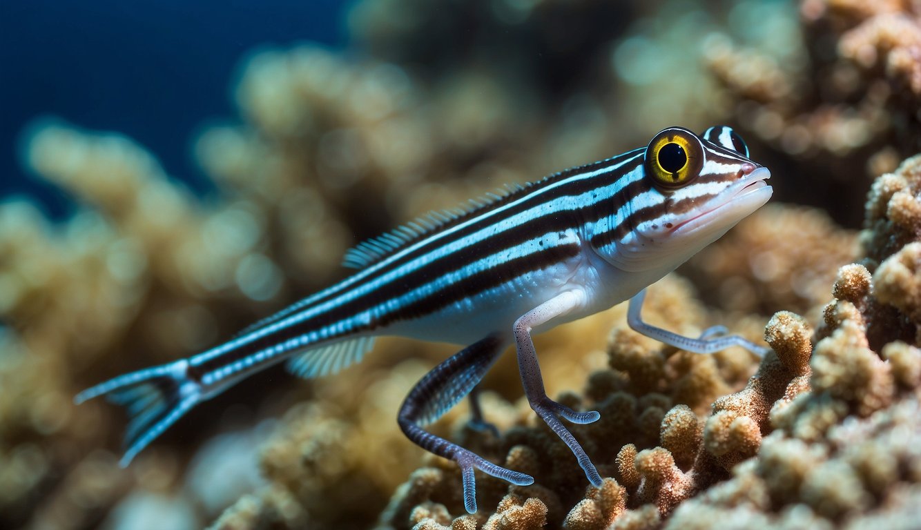 A Forktail Blenny perches on a coral reef, its elongated dorsal fin resembling a forked tail.

Its vibrant colors contrast against the blue water, while it peers out from its hiding spot among the coral