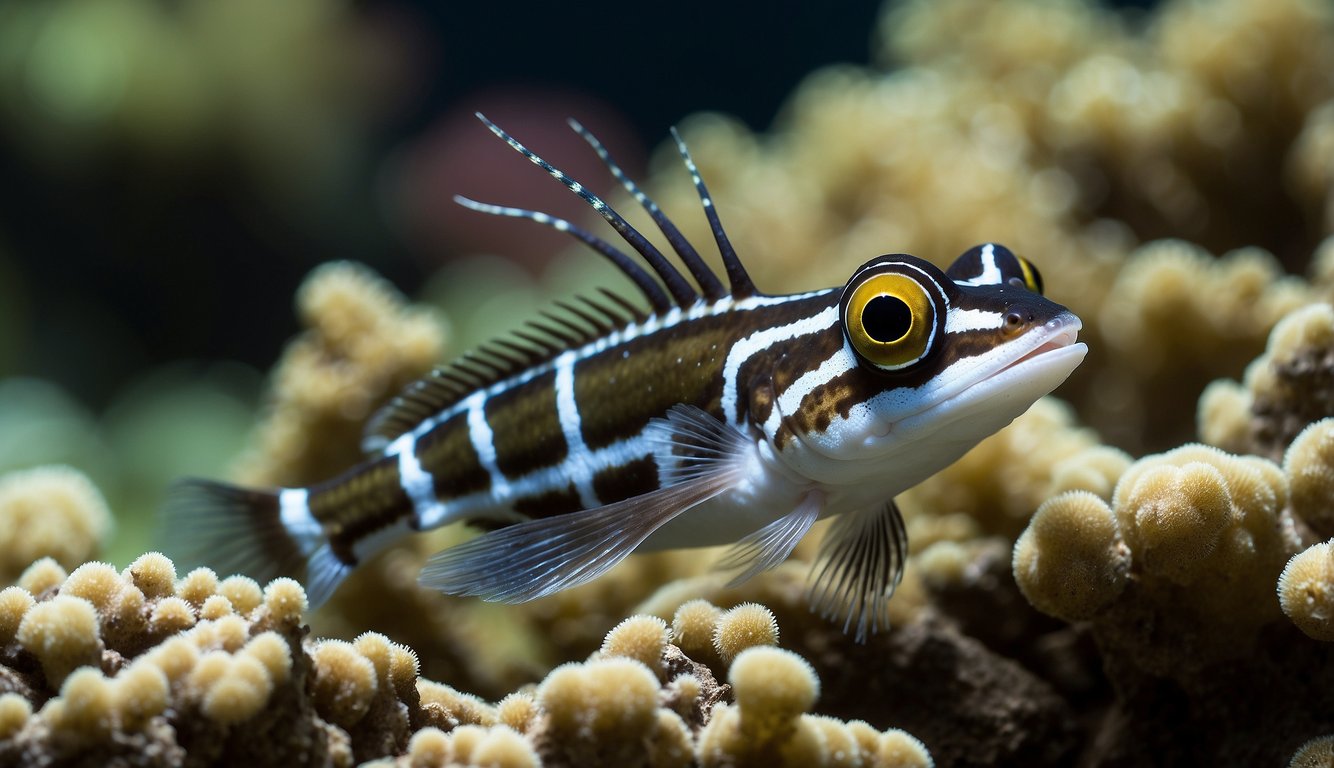 The Forktail Blenny perches on a coral reef, showing its distinct forked tail and vibrant colors.

Its elongated body and pointed fins are poised for swift movement