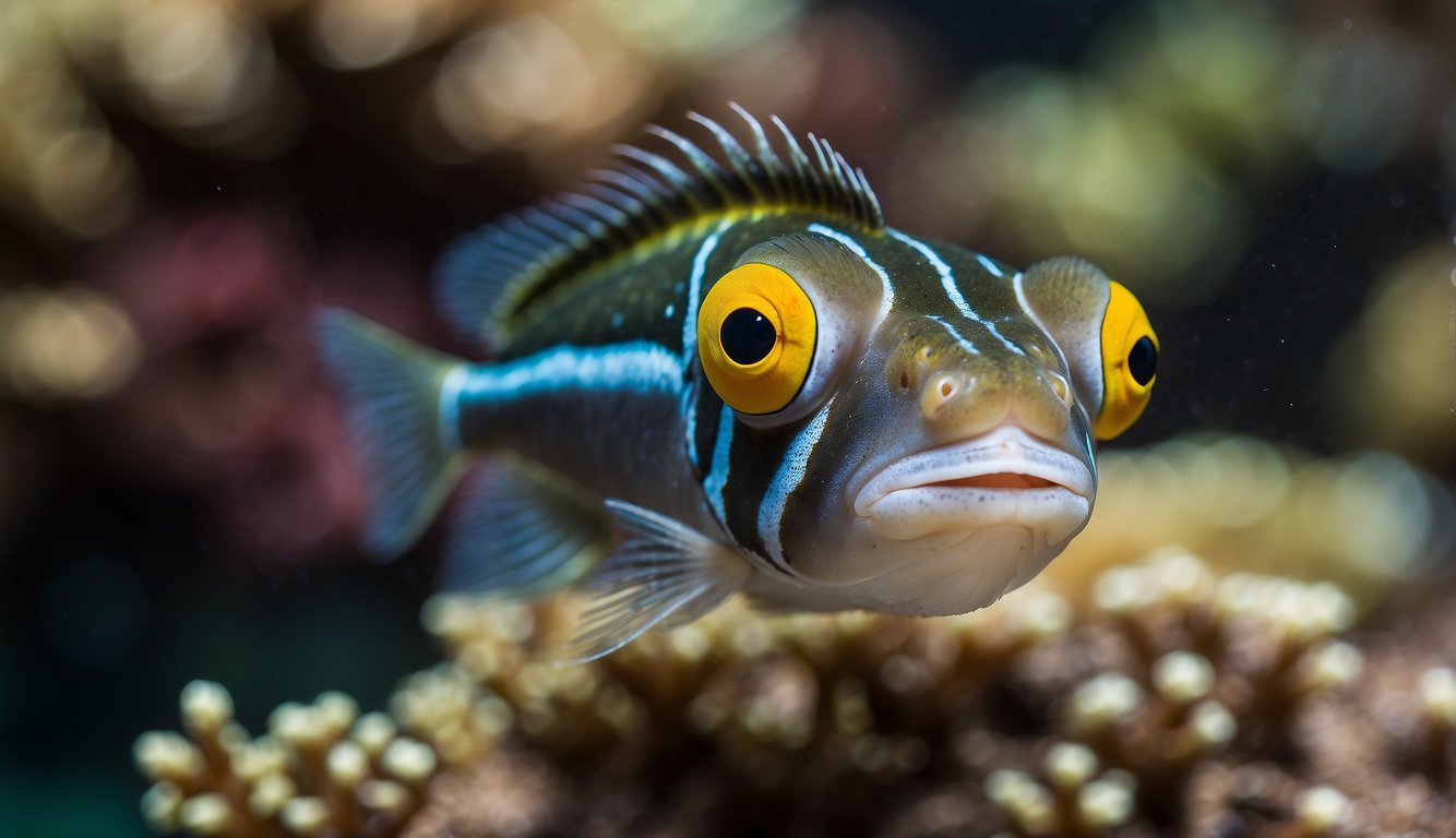 A colorful Forktail Blenny swims among coral, its two distinct tails on full display.

The unique morphology of the blenny is highlighted in the vibrant underwater scene