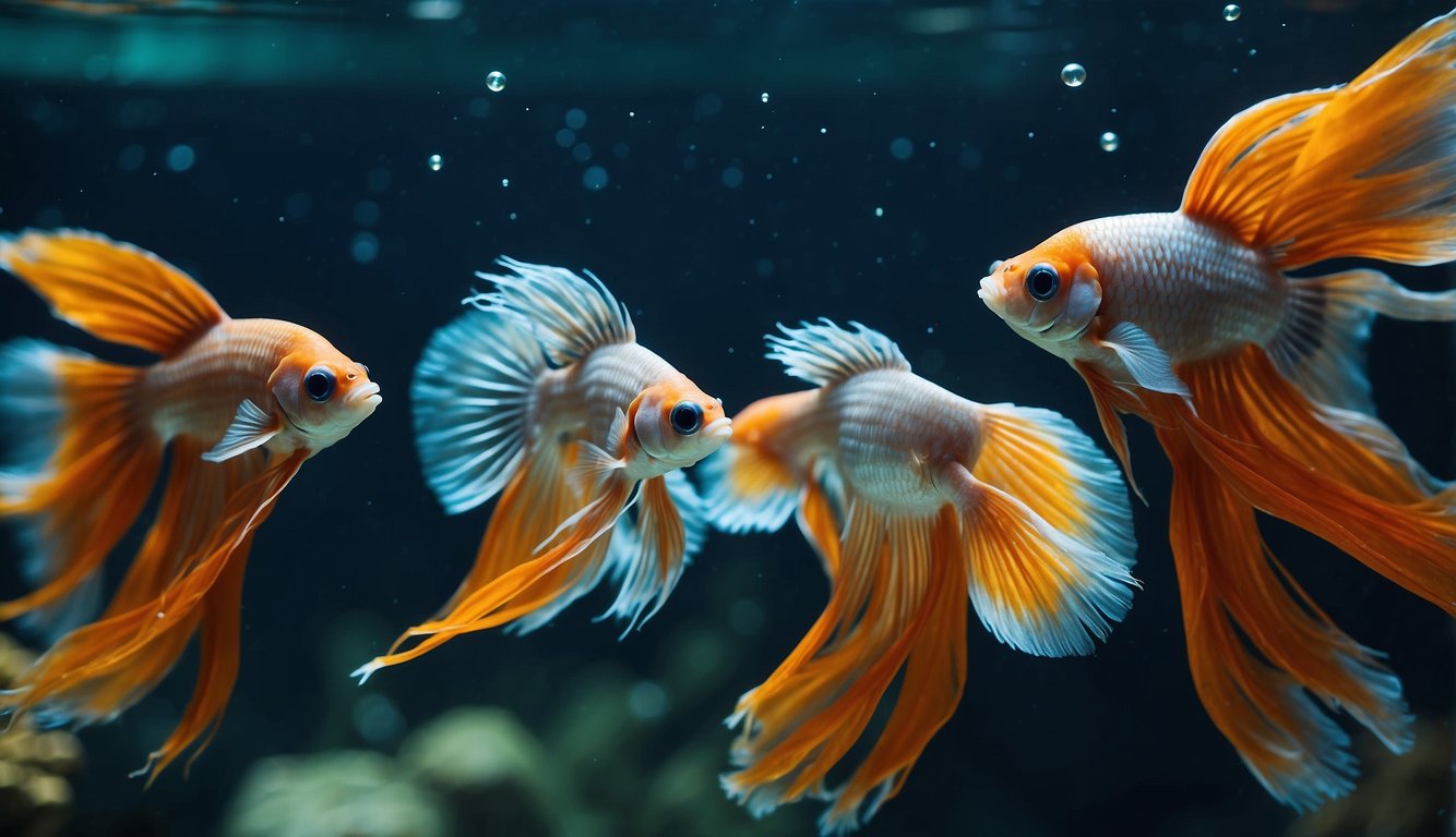 Two Siamese fighting fish construct bubble nests in a serene underwater setting