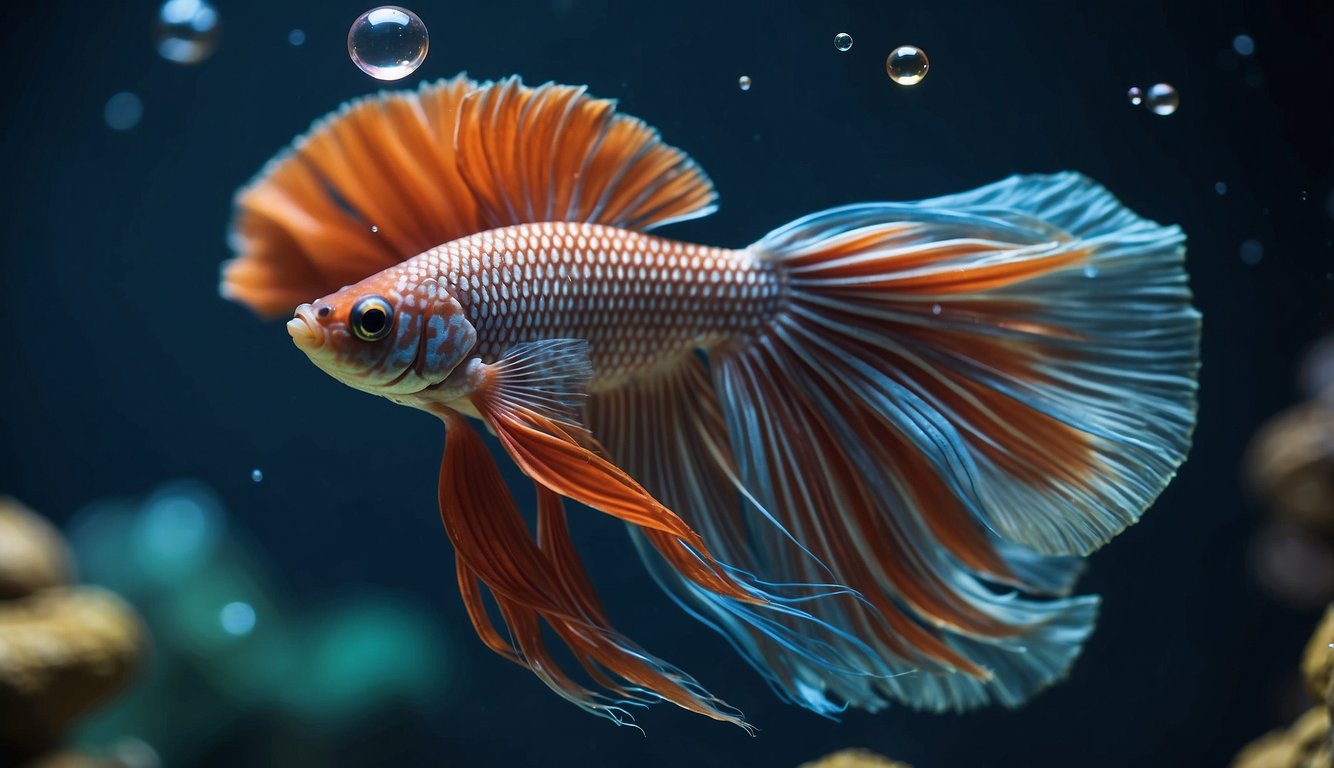 A Siamese fighting fish carefully selects and arranges bubbles to create a sturdy nest in the water, using its body to shape and position each bubble