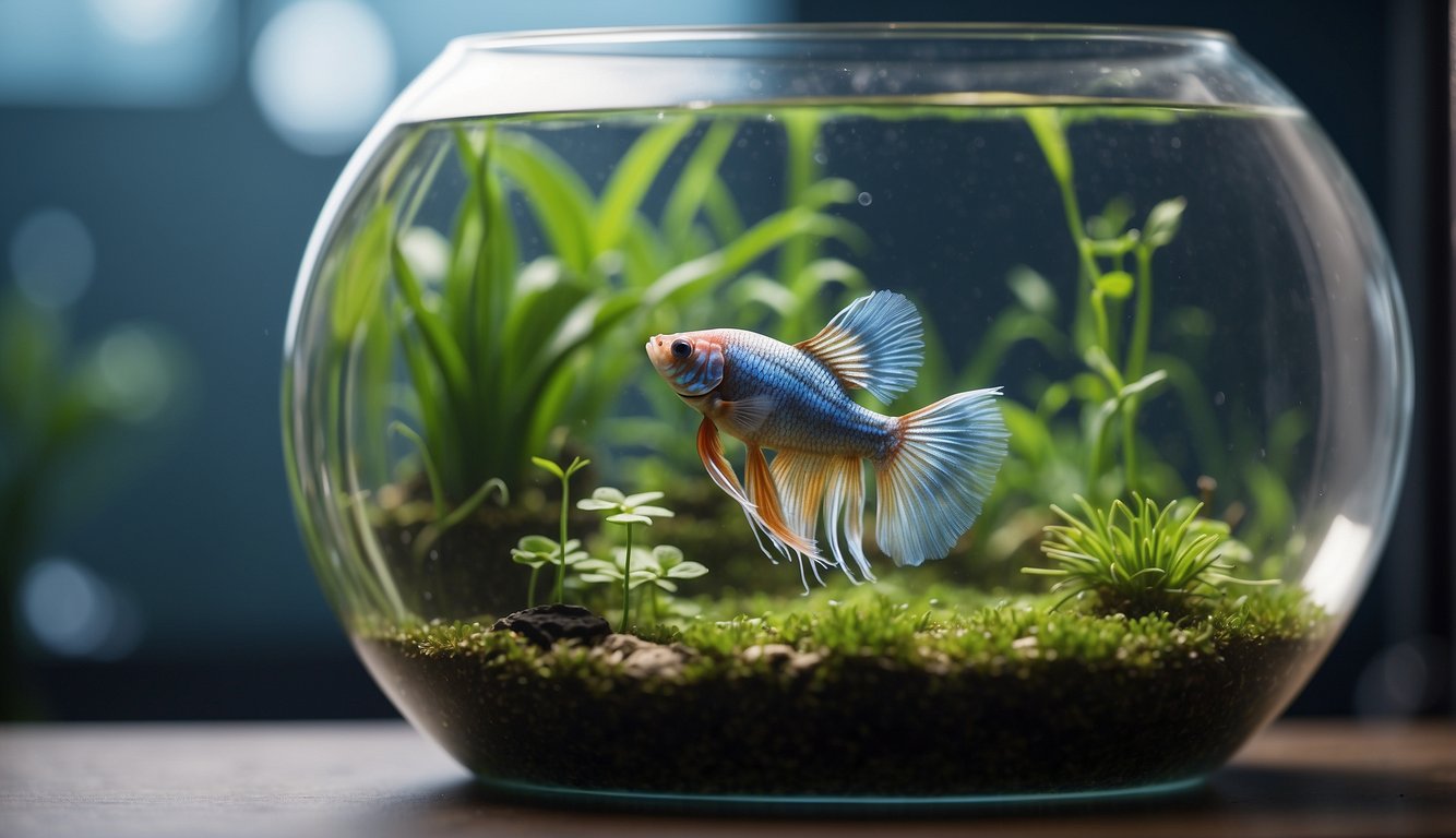 A male Siamese fighting fish constructs a bubble nest under floating plants in a calm, clear aquarium.

The fish carefully gathers and arranges small bubbles to create a sturdy and intricate nest structure