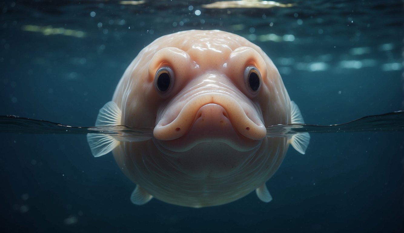 The blobfish floats in the deep, its gelatinous body blending with the murky waters.

Its sad, droopy face reflects the misconception of its appearance, while its peaceful demeanor reveals the truth of its misunderstood life