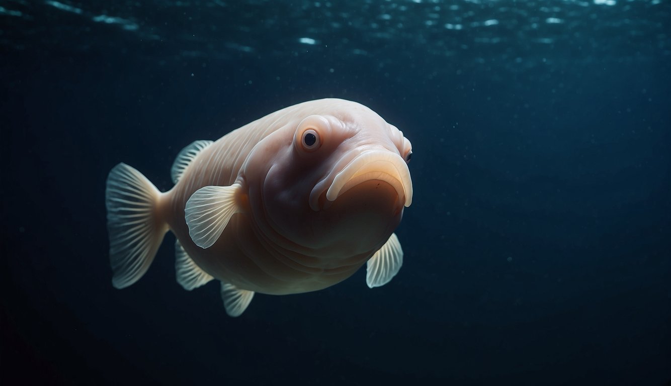 A blobfish drifts in the deep ocean, surrounded by dark, murky waters.

Its droopy, gelatinous body appears sad and misunderstood, yet it carries on in its solitary existence