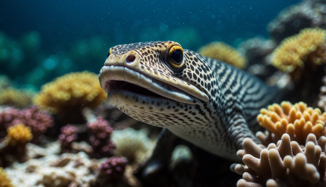 A moray eel glides through a vibrant coral reef, its sleek body blending into the shadows.

It lurks in a hidden crevice, waiting to ambush its unsuspecting prey