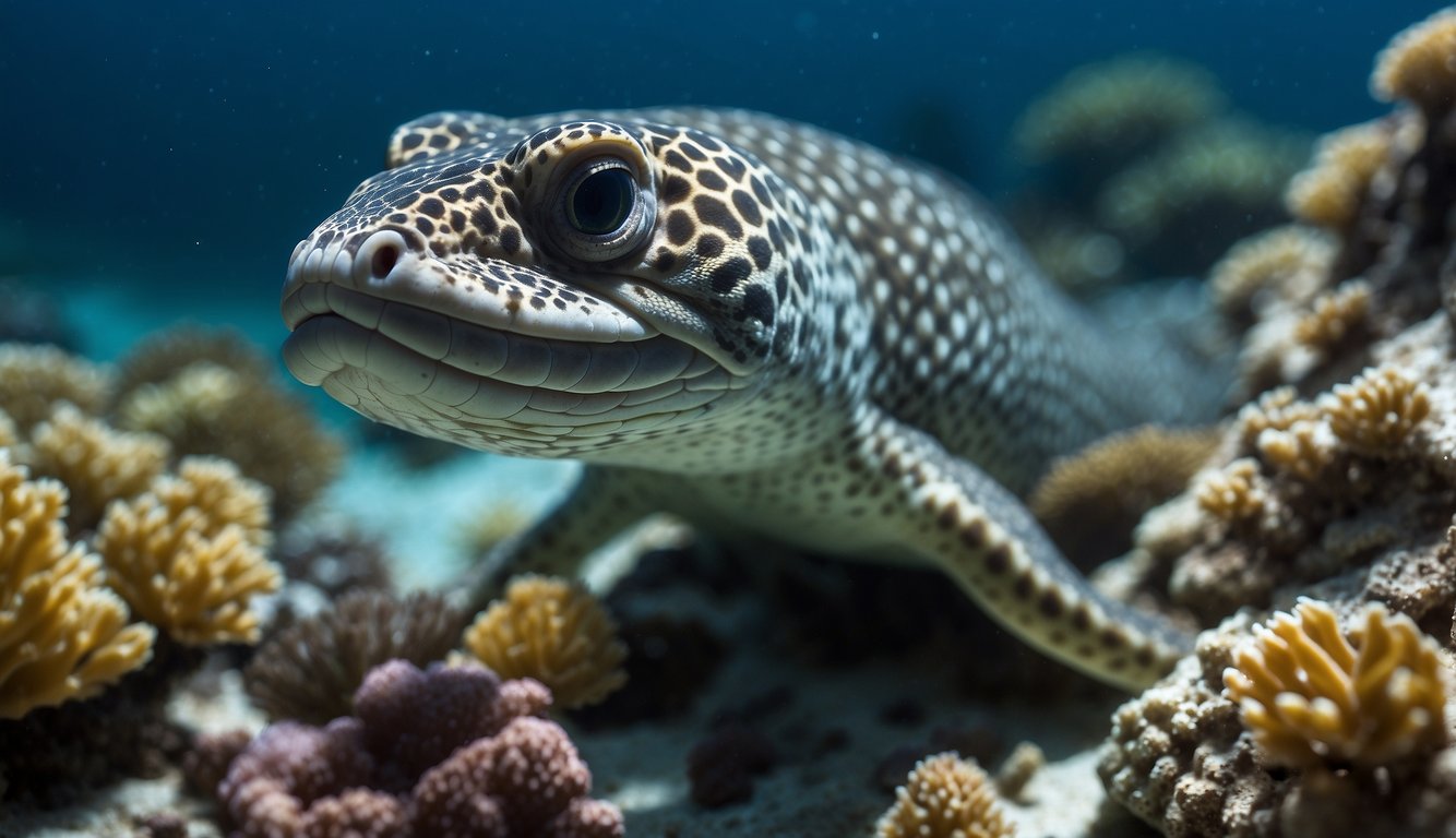 The moray eel slithers through the coral reef, its sleek body blending seamlessly with the surrounding environment.

Its sharp eyes scan for prey, ready to strike with lightning speed