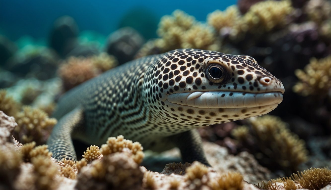 A moray eel slithers through a rocky reef, blending in with its surroundings.

Its sinuous body and piercing eyes convey a sense of stealth and predatory prowess