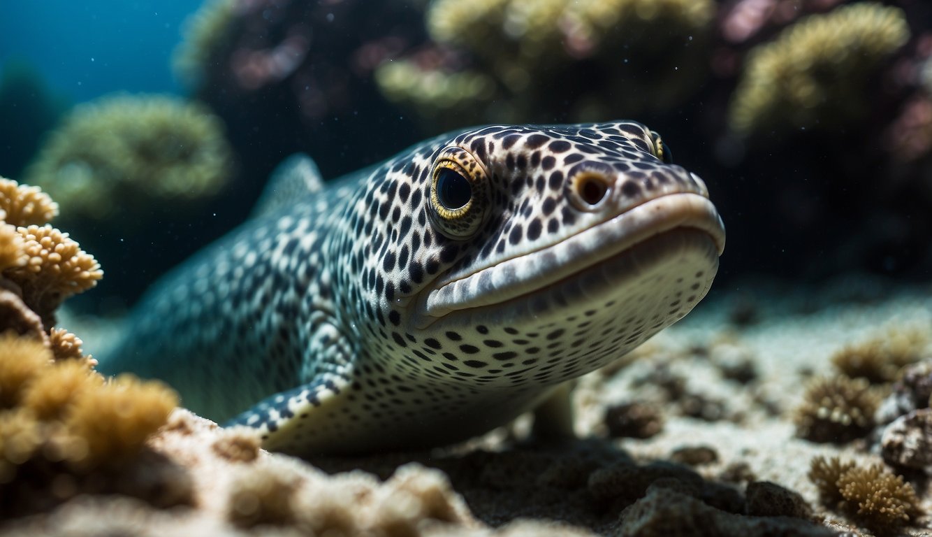 The moray eel glides through the coral reef, its sleek body blending seamlessly with the surroundings.

Its piercing eyes scan the water, ready to strike at any unsuspecting prey