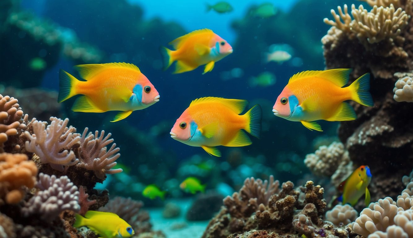 A vibrant coral reef teeming with colorful parrotfish grazing on algae, their constant movement and feeding activities contributing to the overall health and balance of the ecosystem