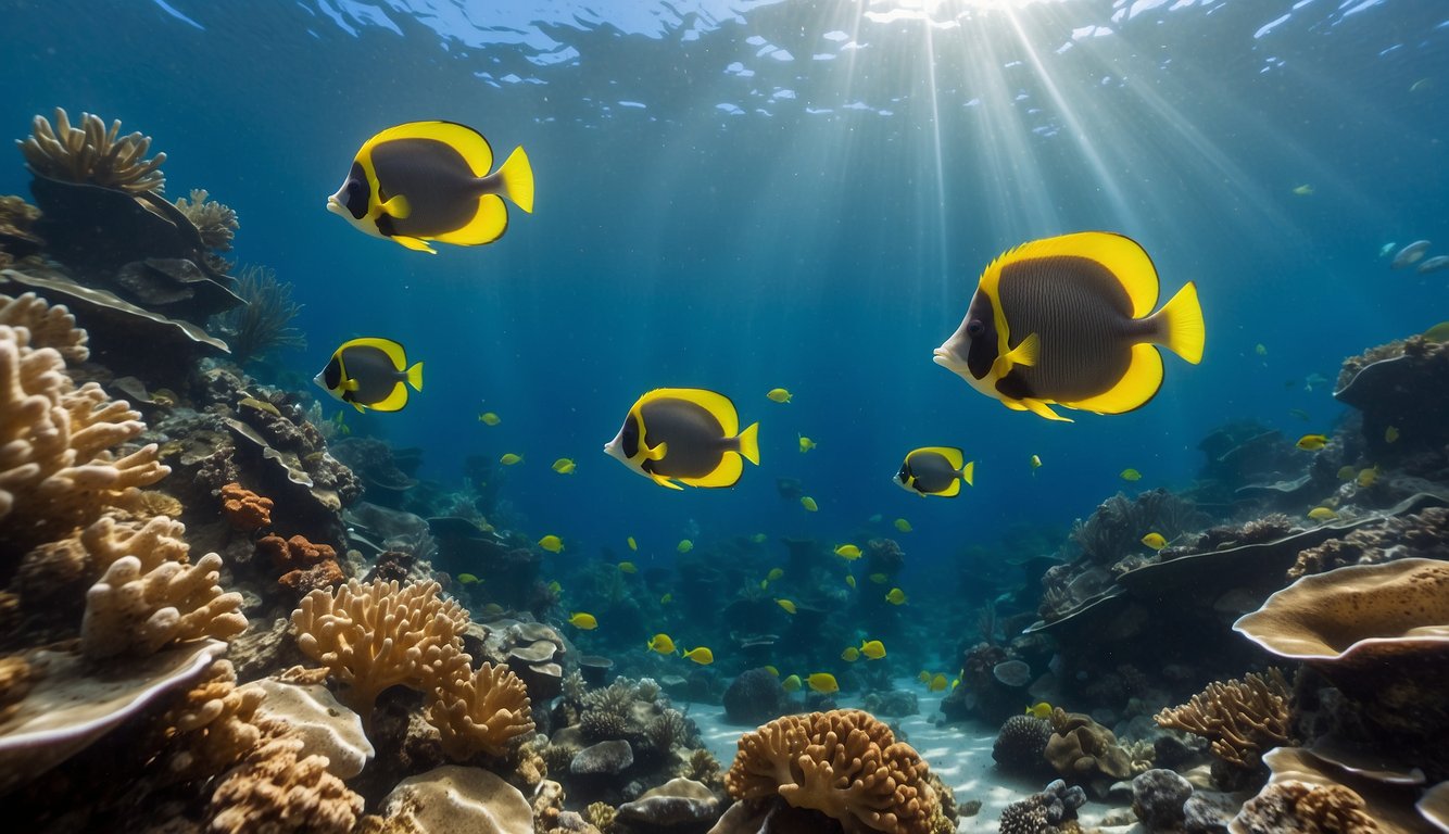 A school of batfish swims gracefully among vibrant coral reefs, their long, slender bodies and distinctive bat-like faces catching the sunlight filtering through the clear, azure waters