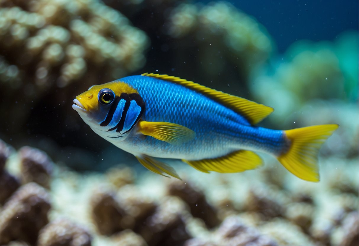 A yellow tail blue damsel swims gracefully among vibrant coral reefs in crystal clear waters