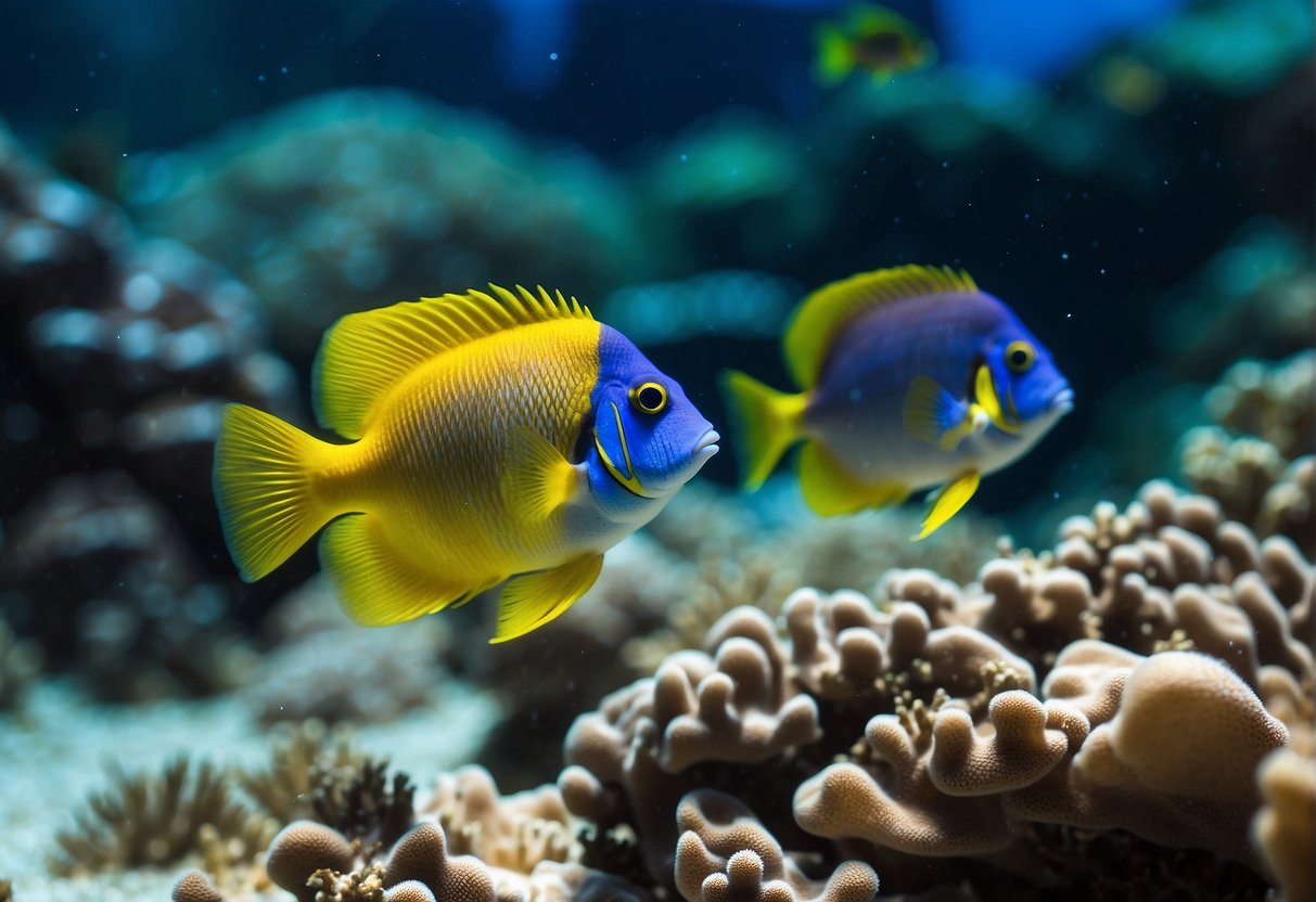 A school of yellow tail blue damselfish swims gracefully among coral reefs in a vibrant underwater ecosystem