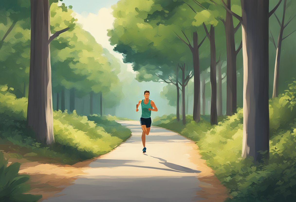 A runner on a path, surrounded by trees, with a distance marker showing "42.195 km" in a marathon training scene