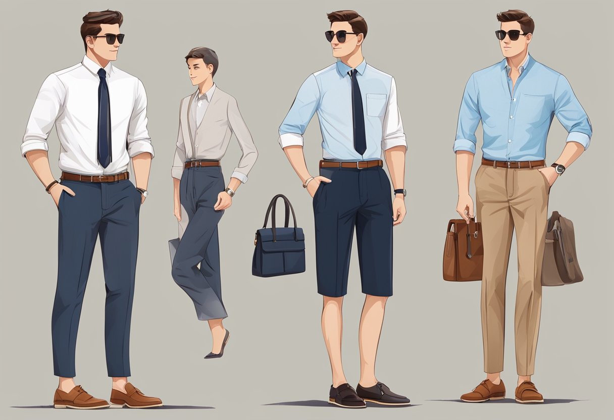 A pair of tailored shorts paired with a crisp button-up shirt, a structured blazer, and polished loafers. A statement watch and a leather belt complete the look