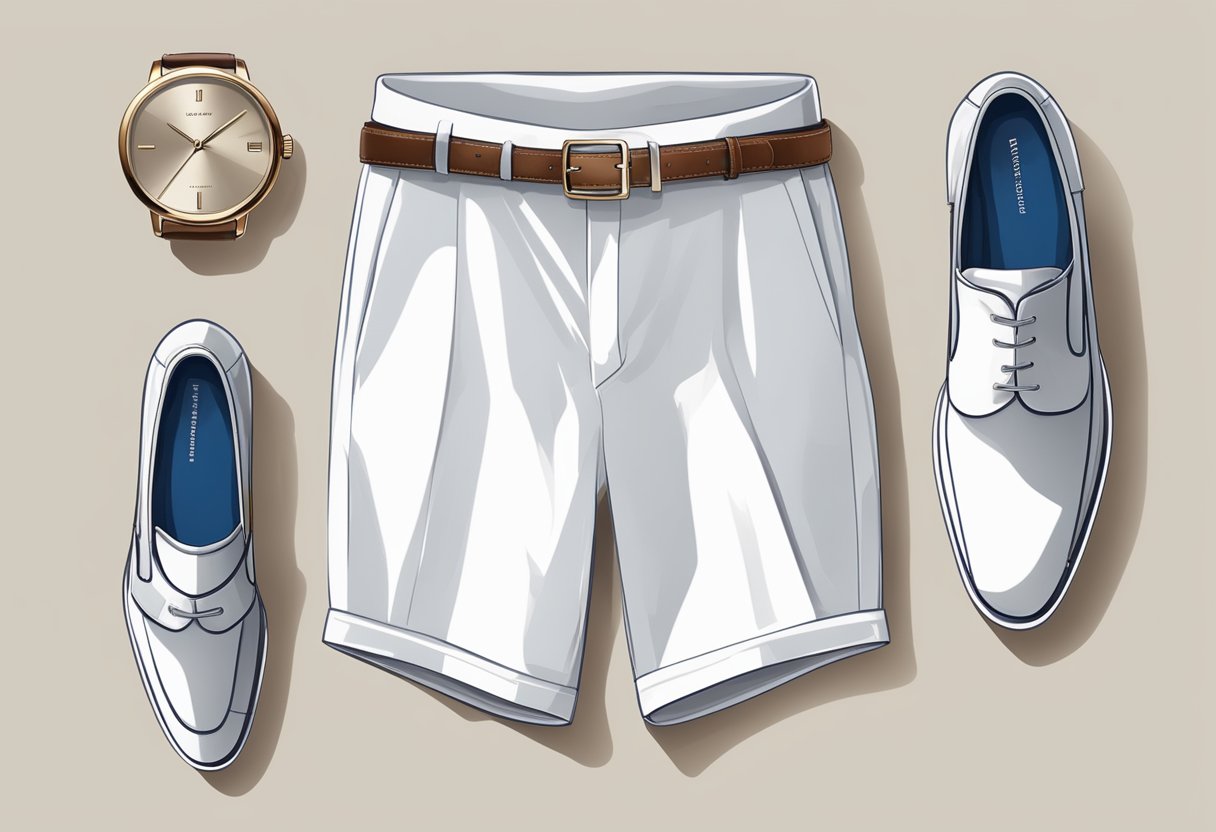 A neatly folded pair of tailored shorts sits atop a crisp white shirt and polished loafers, accessorized with a sleek belt and a sophisticated watch