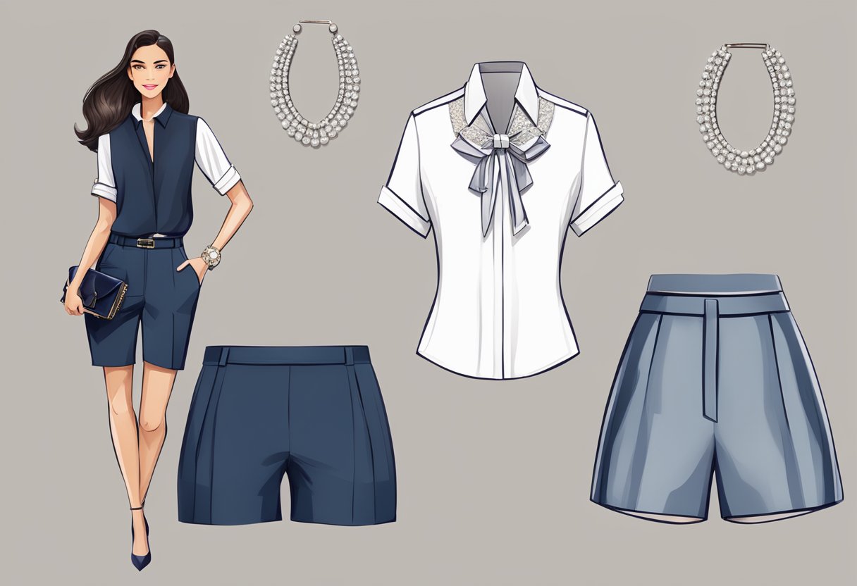 A pair of tailored shorts paired with a structured blouse, accessorized with statement jewelry and a sleek clutch, creating a polished and formal look