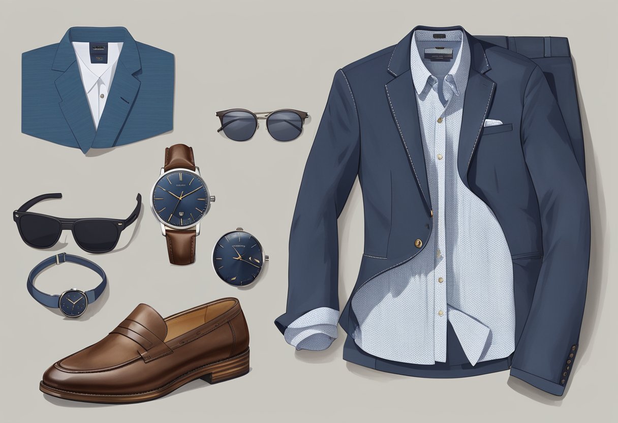 A pair of tailored shorts paired with a crisp button-up shirt and a sleek blazer. Accessories such as a watch and leather loafers complete the polished look