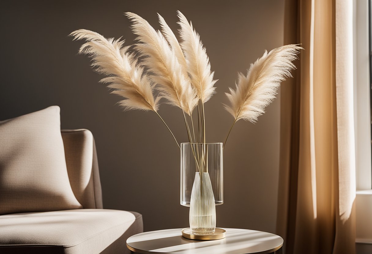 A vase of tall pampas grass stands on a modern side table, casting delicate shadows in the warm glow of the afternoon sun. Its feathery plumes add a touch of natural elegance to the minimalist decor, evoking a sense of tranqu