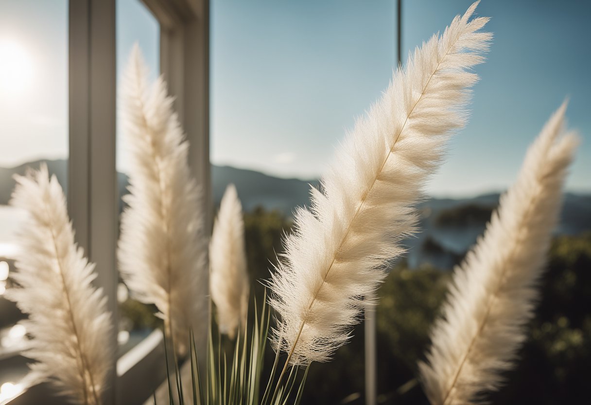 A tall, feathery plume of pampas grass sways in the breeze, set against a backdrop of a serene home interior. The soft, creamy white tufts evoke a sense of elegance and tranquility, adding a touch of natural
