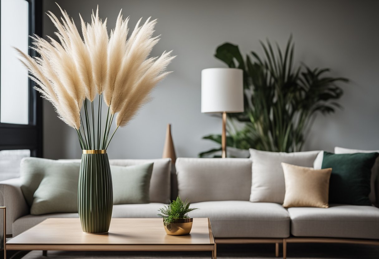 A lush pampas grass plant stands tall in a decorative vase, adding a touch of elegance and natural beauty to a modern living room