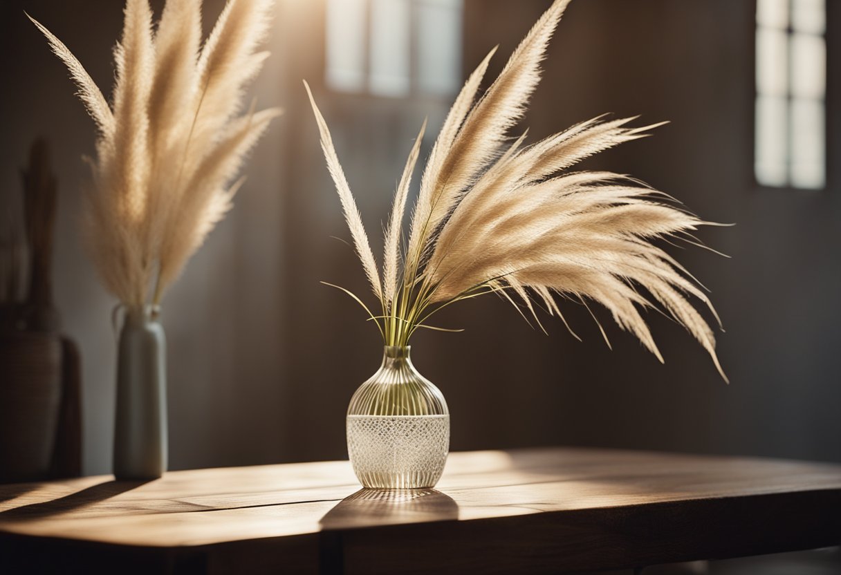 A vase of pampas grass sits on a rustic wooden table, casting delicate shadows in the soft afternoon light