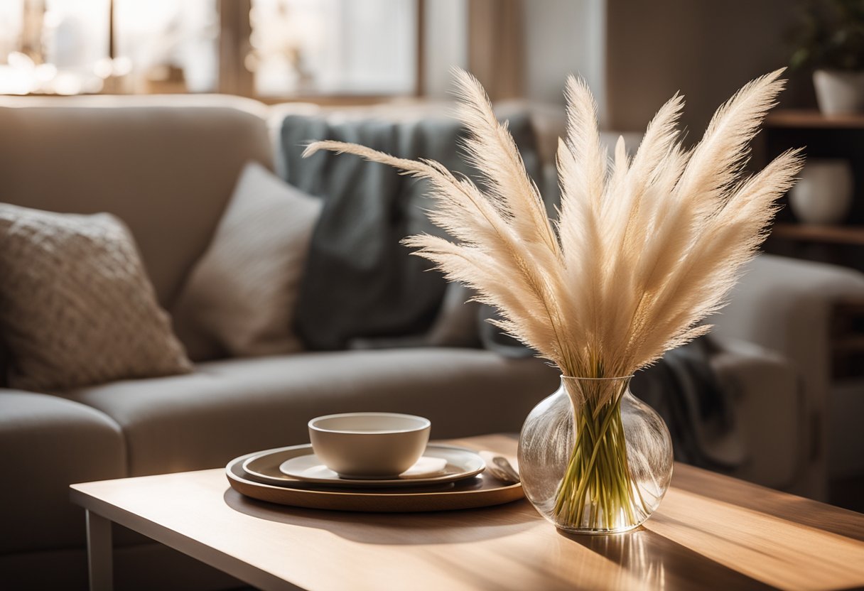 A cozy living room with a large vase filled with tall, feathery pampas grass. Soft sunlight filters through the window, casting a warm glow on the elegant, natural decor