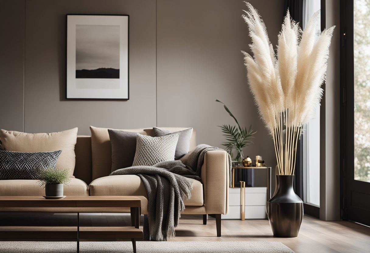 A cozy living room with a large vase filled with wispy pampas grass, adding a touch of elegance and natural beauty to the space