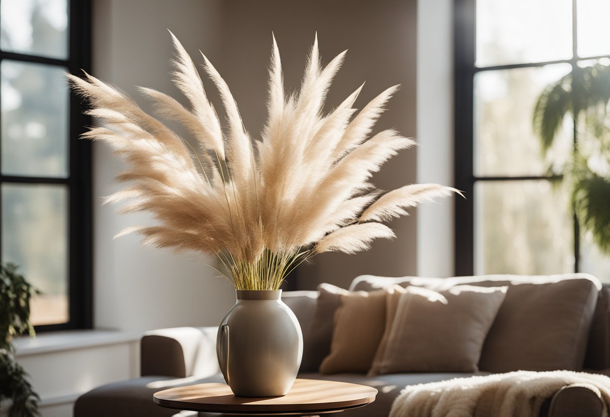 A tall vase holds fluffy pampas grass, adding elegance and natural beauty to a sunlit living room