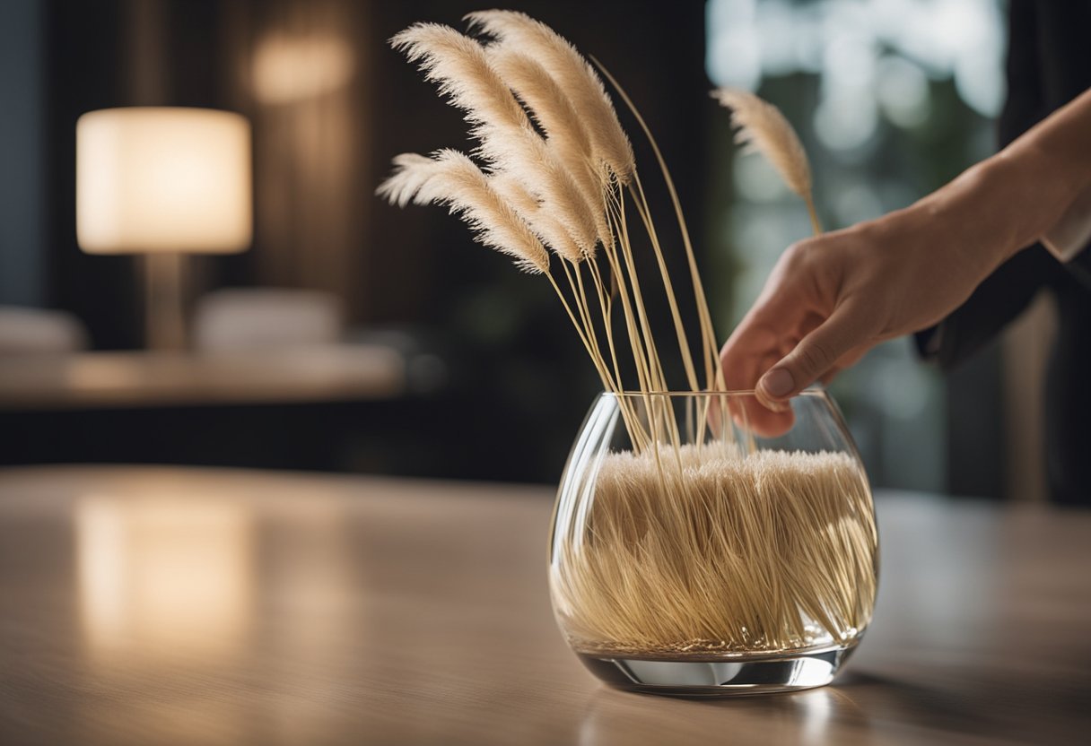 A hand reaches out to purchase pampas grass seeds. A vase of pampas grass sits on a table, adding elegance to the room