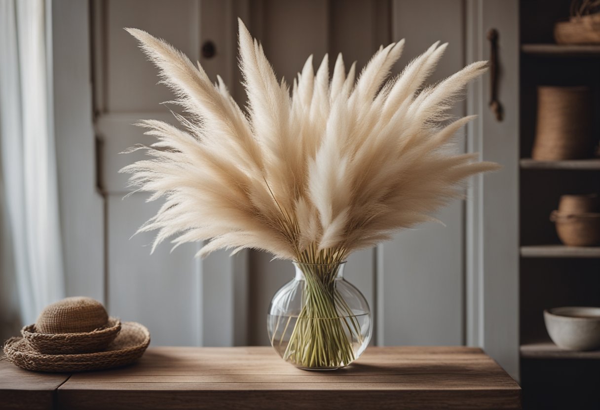 A vase filled with fluffy pampas grass sits on a rustic wooden table, adding a touch of natural elegance to a cozy home decor setting