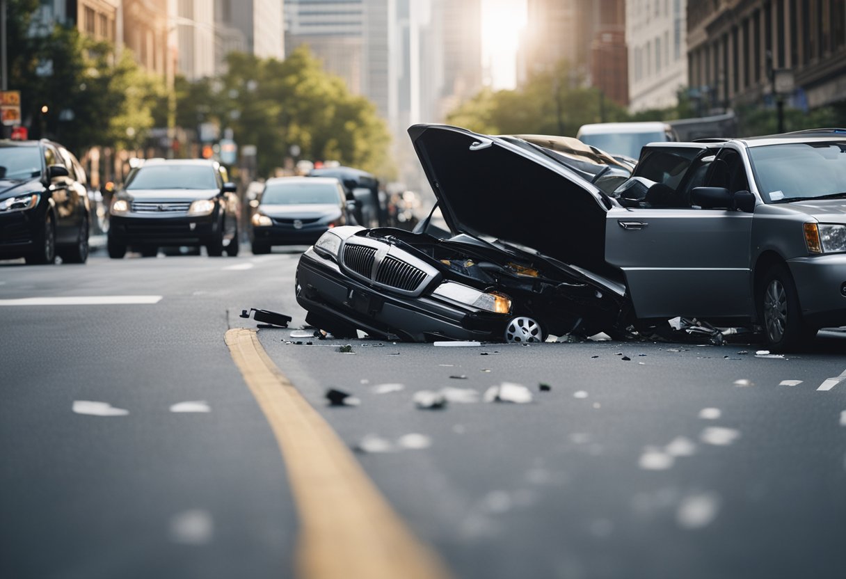 An overturned car on a busy US street, with a lawyer's briefcase and accident debris scattered around